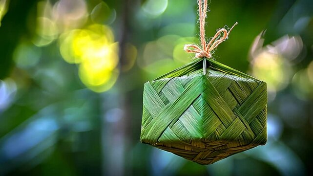 Woven leaf box hanging outdoors, blurred green background, nature craft