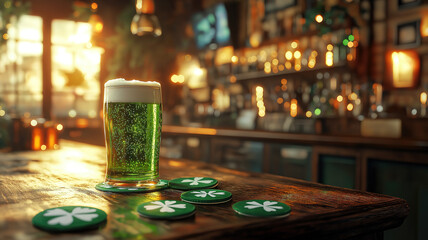 A vibrant St Patrick’s Day pub scene featuring green beer, shamrock coasters and cheerful ambiance