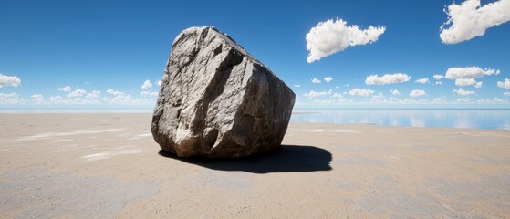 A large rock sits on a sandy beach, with a clear blue sky above