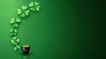 Greeting card for St. Patrick's Day. The background is a dark green color with four-leaf clovers arranged and a small black pot of gold