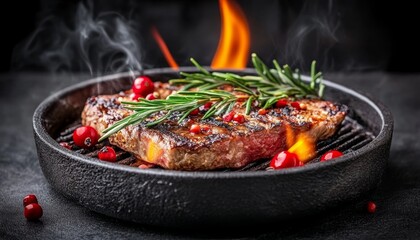 Sizzling Grilled Steak Juicy and Flavorsome, A Culinary Masterpiece on a Cast Iron Grill
