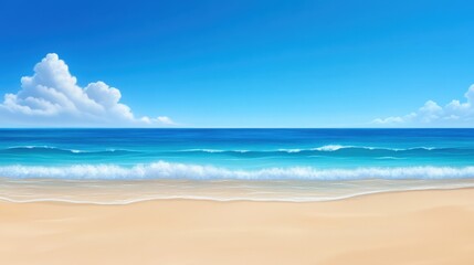 Fototapeta premium A serene beach scene featuring soft sand, gentle waves, and a clear blue sky. Ideal for relaxation and vacation themes, evoking feelings of peace and tranquility.