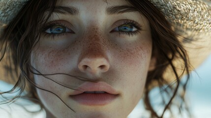 Captivating Portrait of Woman Donning Hat on Beach