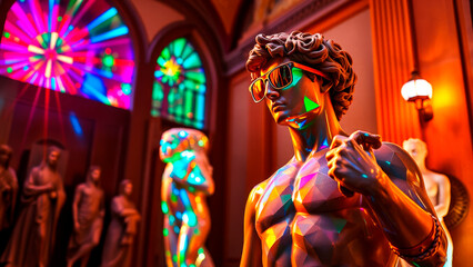 Obraz premium A fashionable concept, a statue of David in sunglasses stands in the hall of a modern museum along with other statues