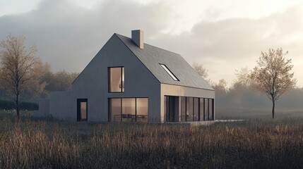 Obraz premium Modern Minimalist House Surrounded by Lush Greenery During Early Morning Light