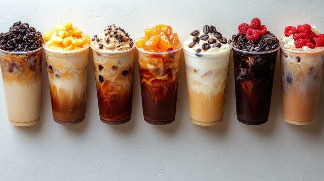 Row of iced coffee drinks with toppings on marble surface