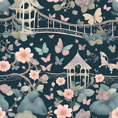 seamless pattern with birds and flowers