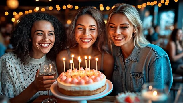 A cheerful trio of diverse young women gathers around a birthday cake with glowing candles. Concept of meaningful connections, milestone joy, and female camaraderie.