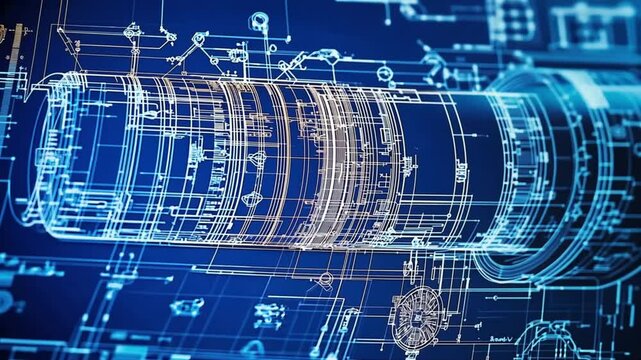 3D style wireframe schematic of a complex machine part on a blue background. Concept of precision engineering and mechanical design.