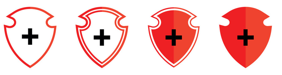 Obraz premium Shield icons set, shield vector, police badge shape. Security shield icon, security shields logotype with cross mark . 