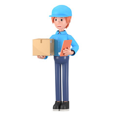 Delivery courier man in blue uniform holding clipboard and cardboard package box. Safe delivery of goods concept. 3d people character illustration. Cartoon minimal style. PNG background
