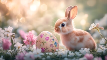 Cute Easter bunny with Easter egg on spring flower meadow