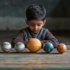 Fototapeta premium A Young Boy's Fascination: Exploring the Wonders of Our Solar System Through Miniature Planets