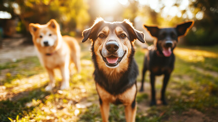 Happy dog in focus with two canine friends in blurred background enjoying a sunny day in nature, perfect for pet adoption campaigns, dog care blogs, and outdoor lifestyle advertisements