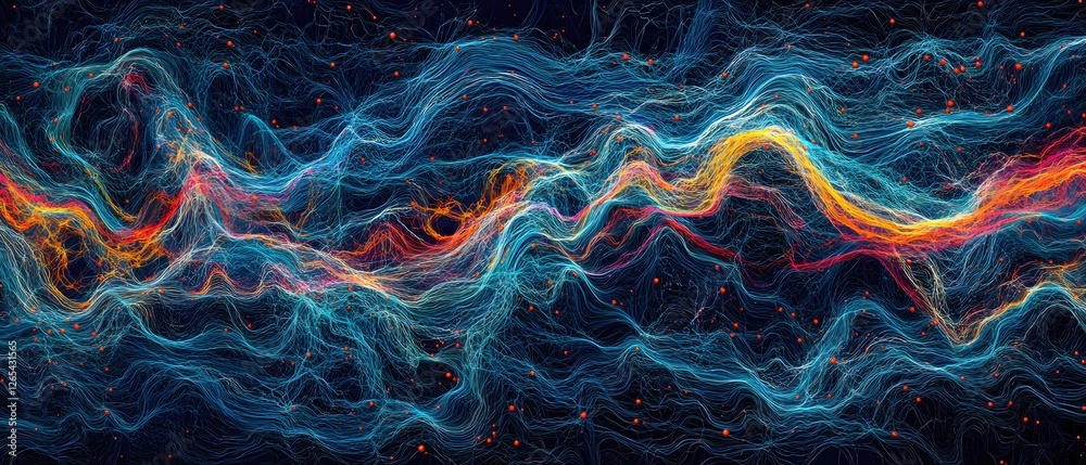 Poster abstract data stream visualization with colorful lines and nodes on a dark background