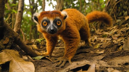 Obraz premium Curious Red Ruffed Lemur in Tropical Forest