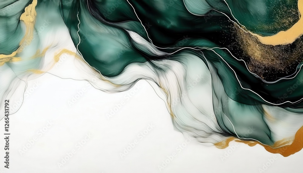Leinwandbilder abstract green and gold fluid art design with gentle waves and flowing lines on a white background