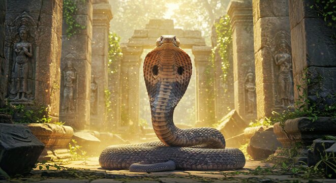 Spectacled Cobra Coiled and Ready to Strike Inside an Ancient Temple - Powered by Adobe