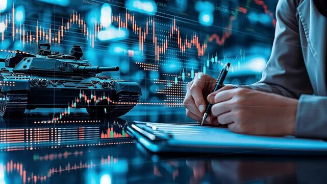 Military financial analysis with a tank model and digital data graphs. Concept of war economy, defense strategy, and economic forecasting.