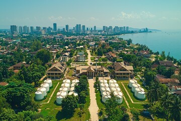 Obraz premium Manufacturing and storage facilities at oil and gas refineries create products intended for sale and export, utilizing international shipping for freighted transportation over the open sea