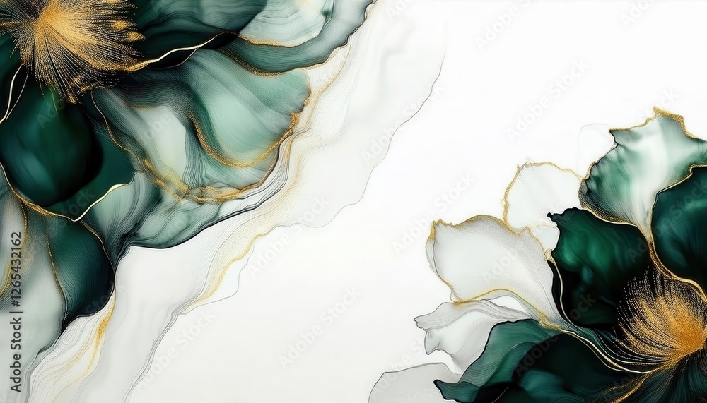 Aufkleber abstract green and gold fluid art design with gentle waves and flowing lines on a white background