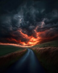 Dramatic Sky with Lightning Over Rural Road Creating an Ominous and Powerful Scene