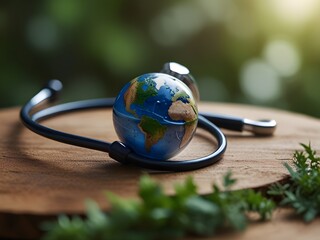 World Health Day Concept: Handmade Globe in Heart-Shaped Stethoscope, Symbolizing Global Care and Sustainability in a Green Environment