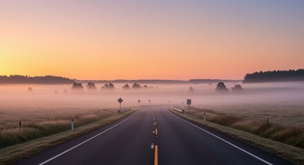 Fototapeta premium Road Through Misty Landscape at Sunrise with Fog Rolling Over Field