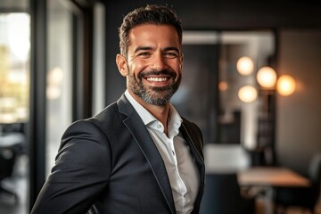 Fototapeta premium Warmly Smiling Businessman in Modern Office with Gentle Natural Light, Depicting Professionalism and Friendliness