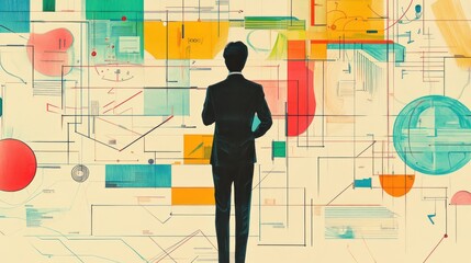 Businessman contemplates complex interconnected data visualization