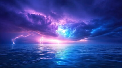 Obraz premium A breathtaking view of the ocean during a dramatic storm, showcasing vibrant purple and blue clouds illuminated by lightning. A perfect representation of nature's power and beauty.