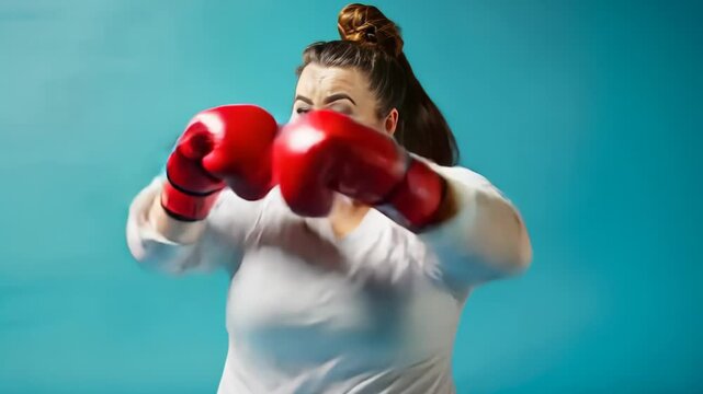 A fat woman training with boxing gloves in a studio setting for fitness and self-defense