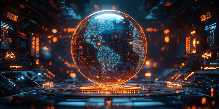High-Tech Hologram Display: Floating Digital World Map with Interactive Elements
