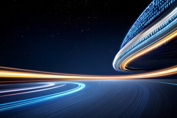 Abstract Digital Background with Blue Binary Code and Glowing Light Streaks