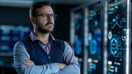 A confident male IT professional wearing smart casual attire, standing in a high-tech office with data servers glowing in the background, arms crossed while analyzing a holographic display