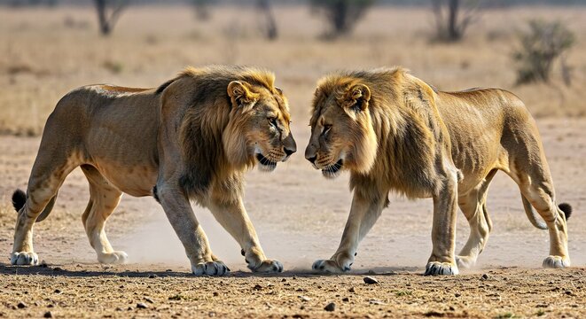 wo Transvaal Lions Facing Off in a Tense Pre-Fight Standoff, Their Muscles Tensed and Their Tails Flicking Aggressively