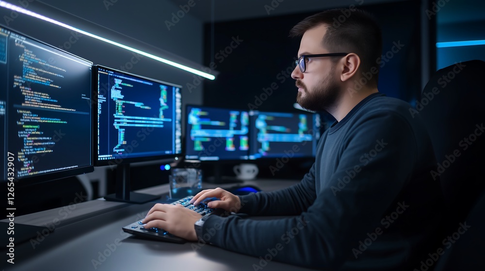 Poster a focused male tech worker sitting at a sleek workstation, typing on a futuristic keyboard with mult