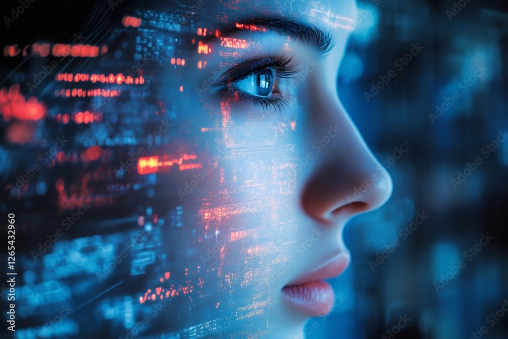 Leinwandbilder Programmer reading code projected on face, artificial intelligence concept