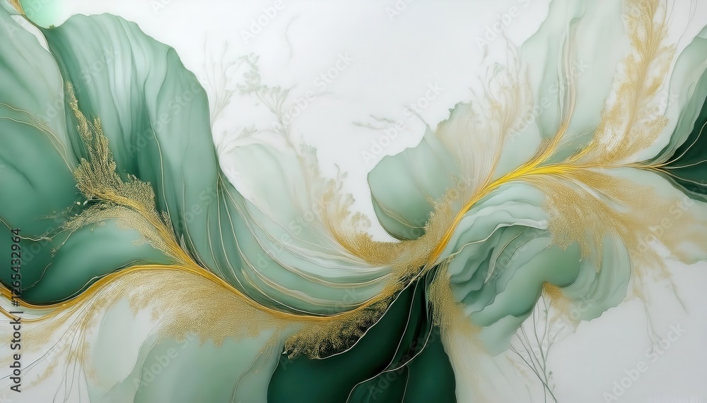 Aufkleber delicate flowing green abstract art with golden highlights, elegant organic shapes and soft gradient