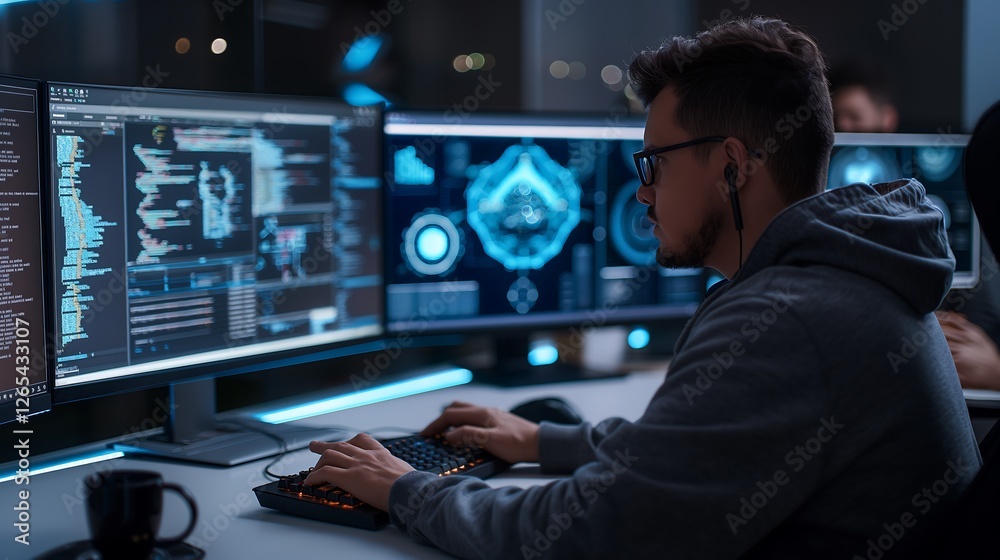 Poster a focused male tech worker sitting at a sleek workstation, typing on a futuristic keyboard with mult