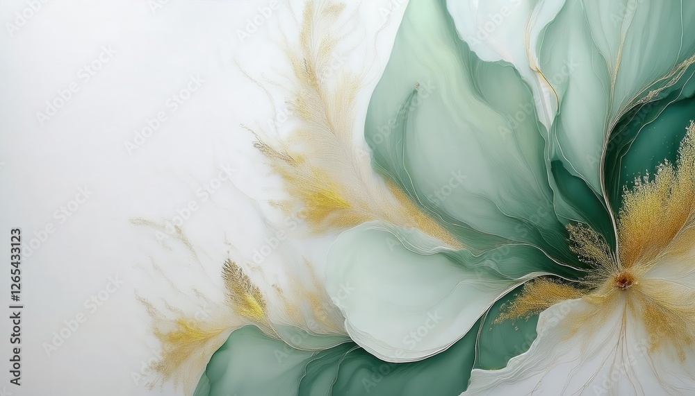 Poster delicate flowing green abstract art with golden highlights, elegant organic shapes and soft gradient patterns for decor

