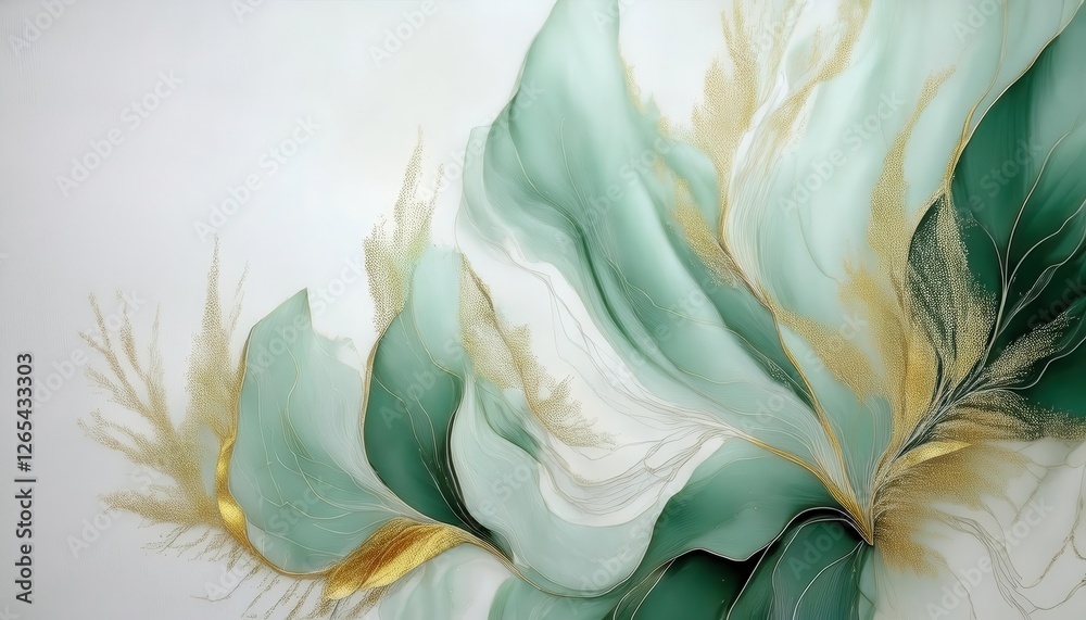 Poster delicate flowing green abstract art with golden highlights, elegant organic shapes and soft gradient