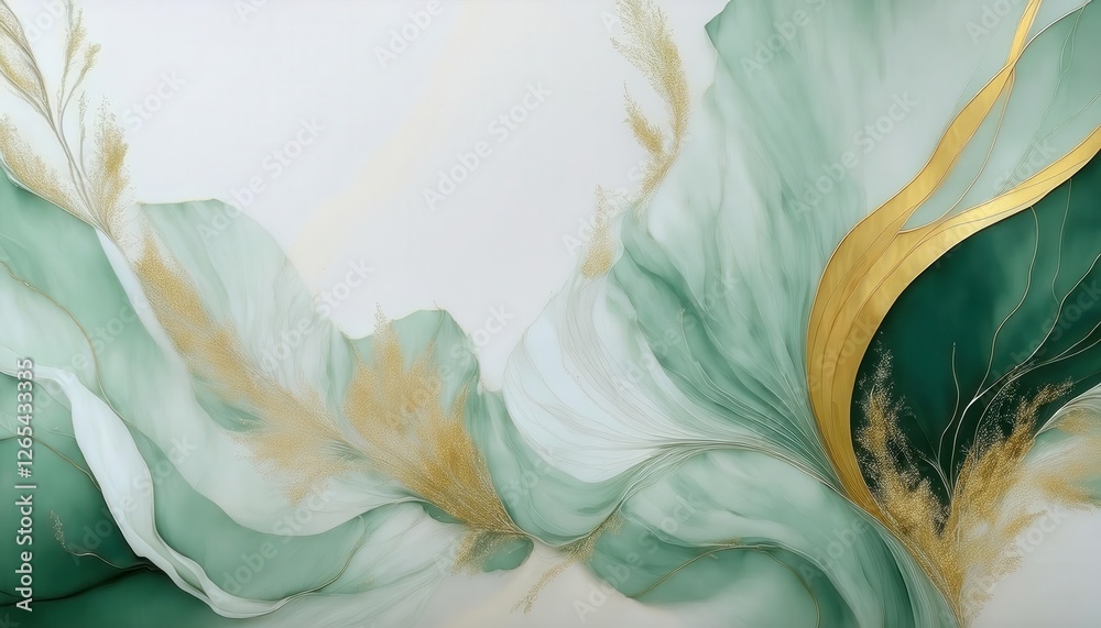 Poster delicate flowing green abstract art with golden highlights, elegant organic shapes and soft gradient