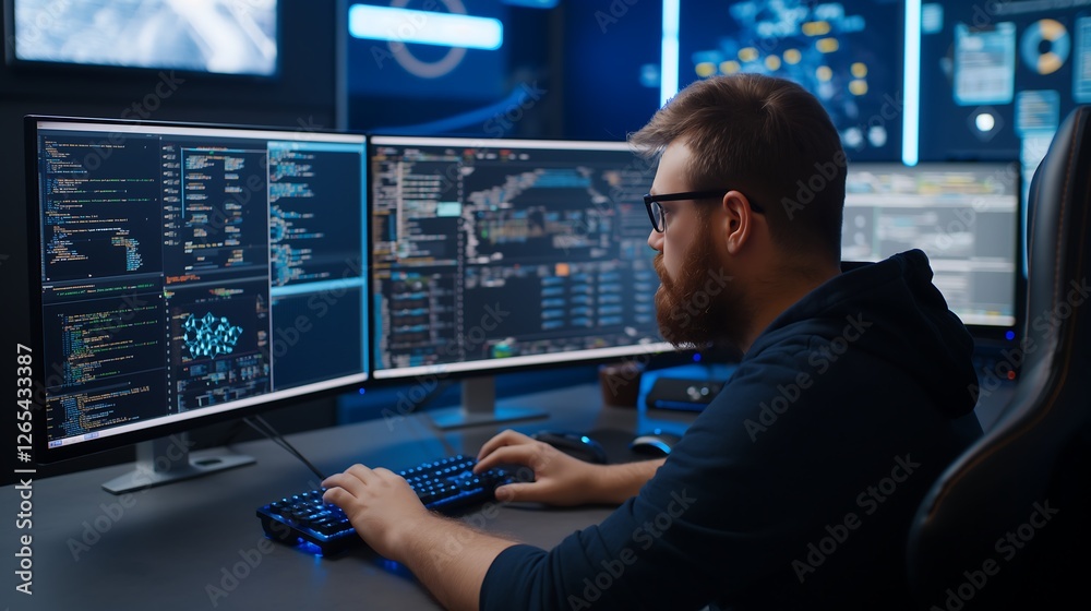 Poster a focused male tech worker sitting at a sleek workstation, typing on a futuristic keyboard with mult
