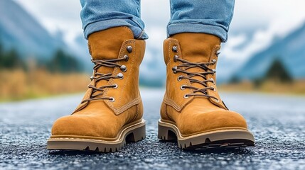 Stylish rugged boots on a scenic mountain road