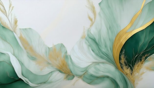 delicate flowing green abstract art with golden highlights, elegant organic shapes and soft gradient patterns for decor

