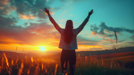 A Retro-Filtered Image of Success and Freedom. Back View of Female Figure Celebrating an Emotional Moment in a Beautiful Evening Landscape. Conceptual Photo Emphasizing Lifestyle Achievement and Perso