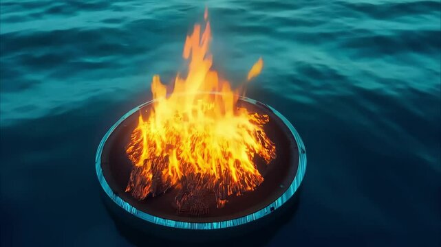 A circular platform floating on water with a vibrant fire burning in the center.