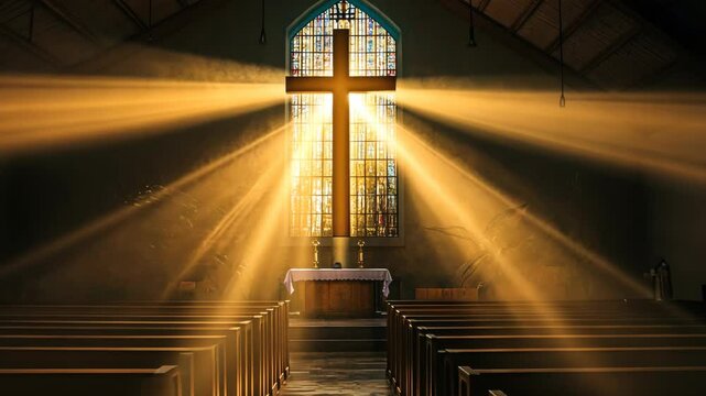 Sunlight streams through stained glass in an illuminated church interior with a prominent cross at its center