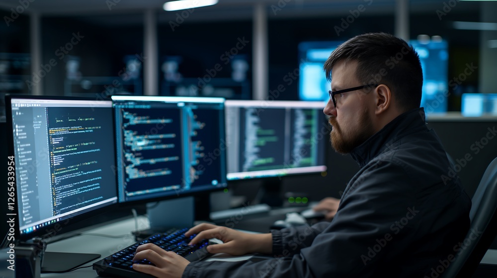 Poster a focused male tech worker sitting at a sleek workstation, typing on a futuristic keyboard with mult